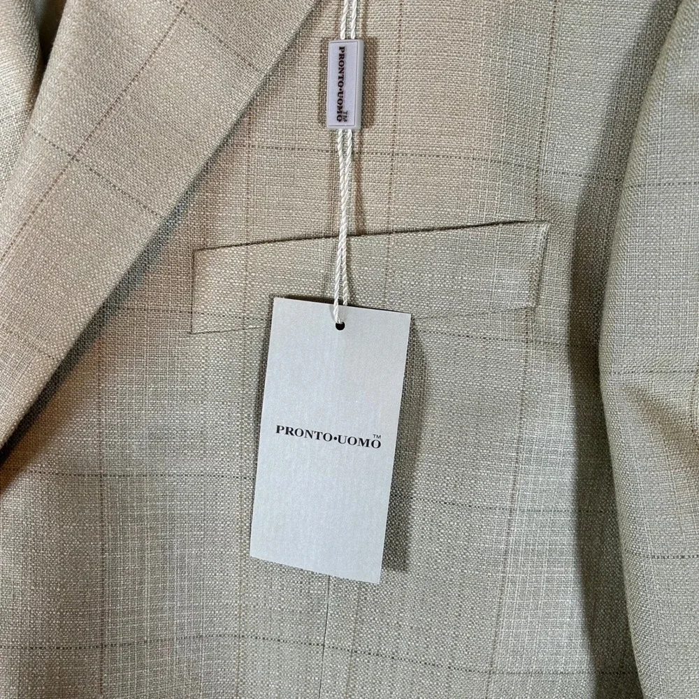 Pronto Uomo Mens 44L Beige 100% Silk Windowpane Two Button Blazer Sport Coat NEW